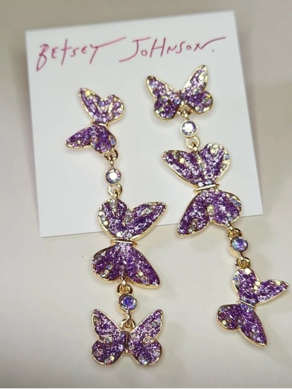 Betsey Johnson Purple Sparkly Butterfly Earrings NWT
